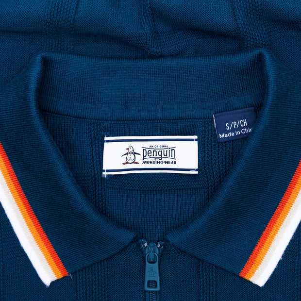 Original Penguin Quarter Zip Polo Knit. Poseidon Blue.