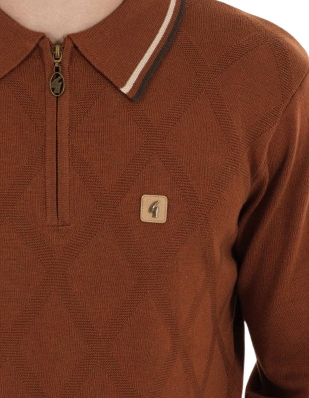 Gabicci Moore Long Sleeve Knitted Polo in Paprika