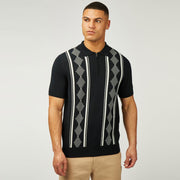 Ben Sherman Argyle Print Knitted Zip Polo in Black