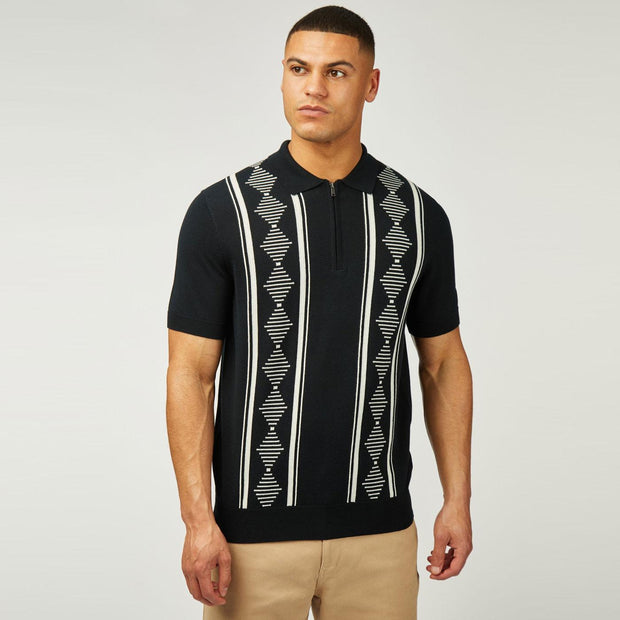 Ben Sherman Argyle Print Knitted Zip Polo in Black