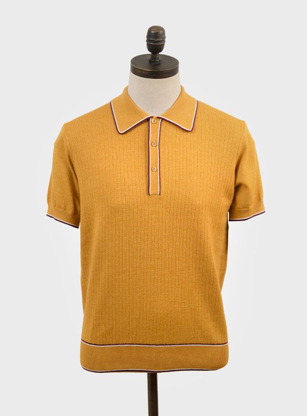 Art Gallery Knitted Polo Shirt. Style: Woody. Mustard